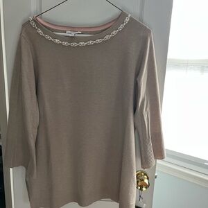 Isaac Mizrahi  Taupe Pearl-Trim Boatneck Sweater Top tunic length, bell sleeve